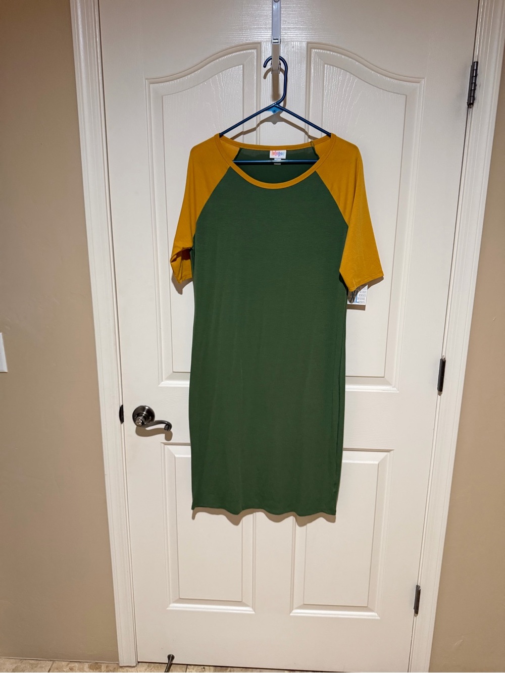 LuLaRoe Olive Green Julia Dress with Mustard Raglan Sleeves